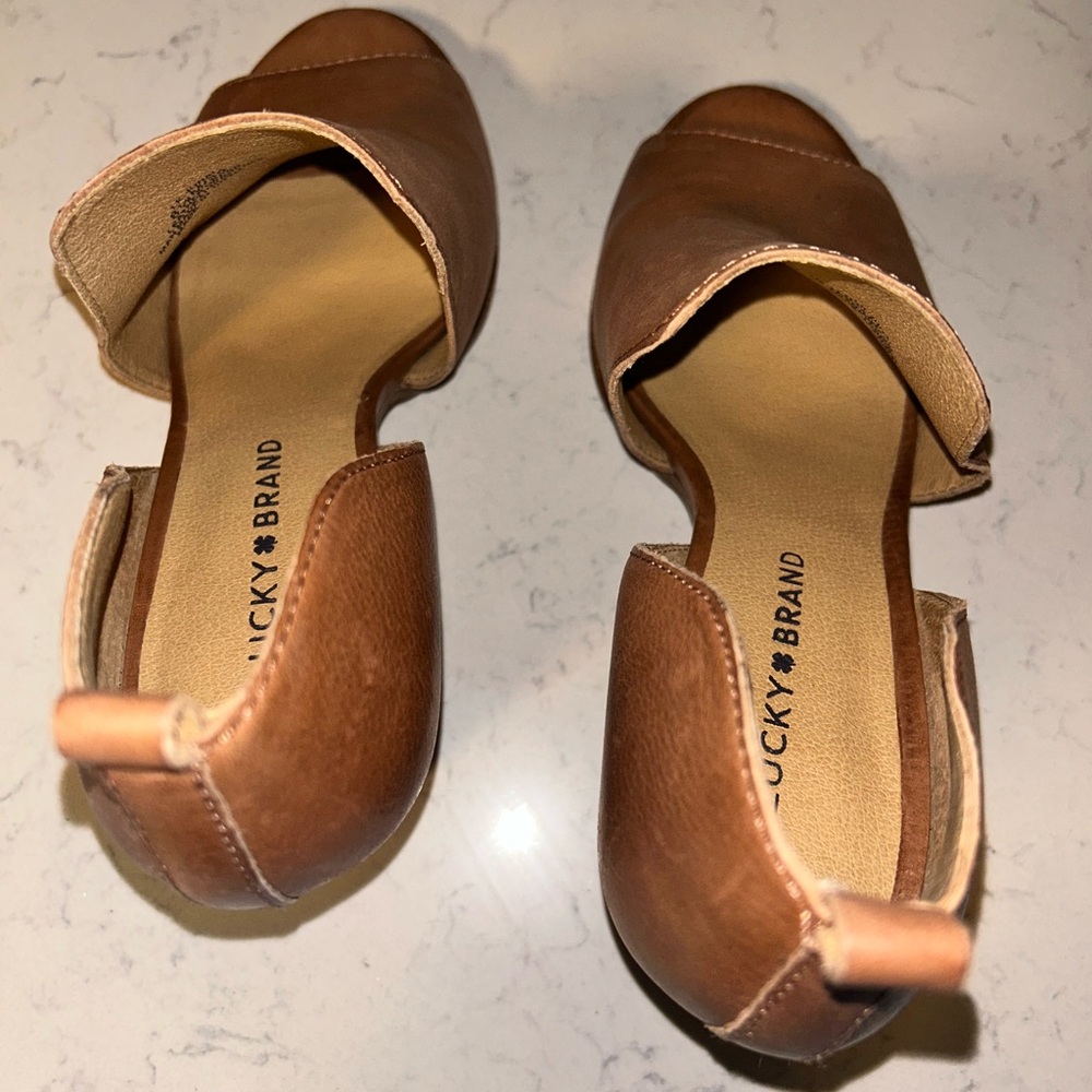 EUC 🍀 Lucky Brand Junai Leather Open Peep Toe Ankle Bootie Heeled Sandals - Picture 11 of 16